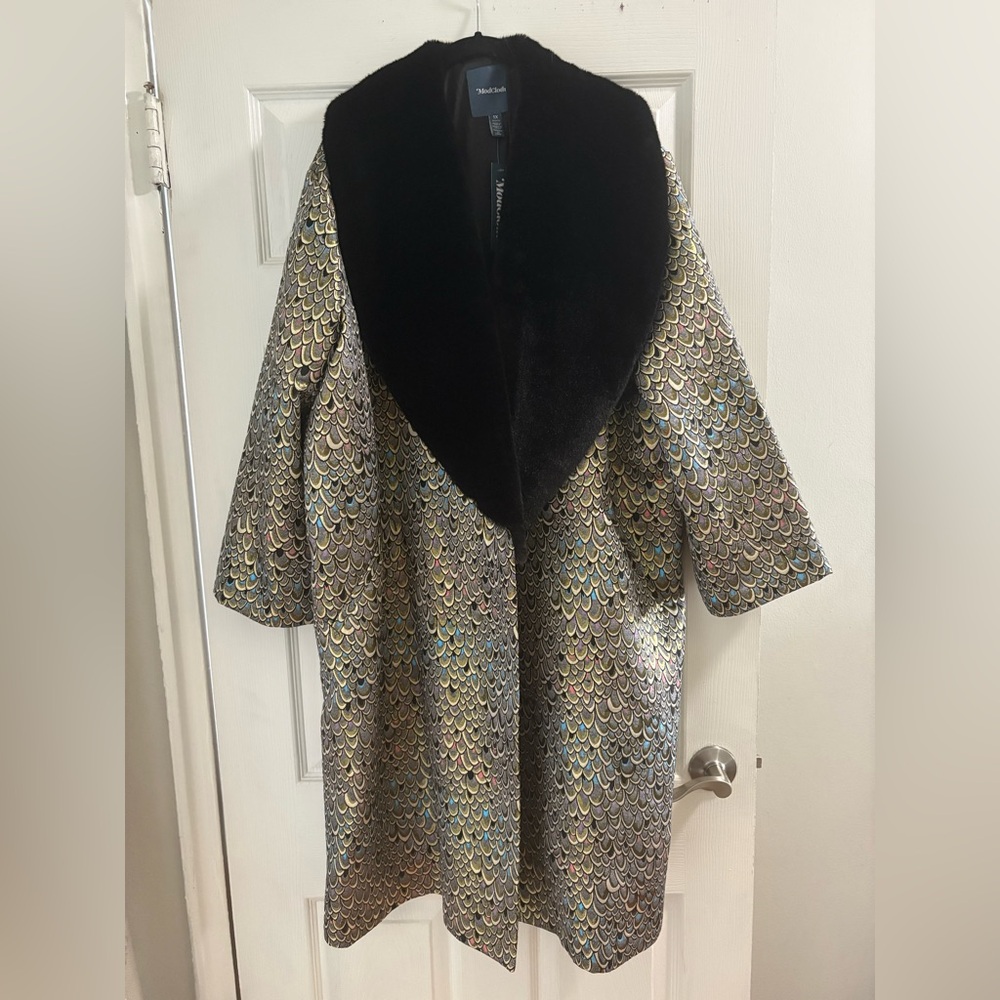 Elegant Multicolor Modcloth Coat with Black Faux Fur Collar 1X